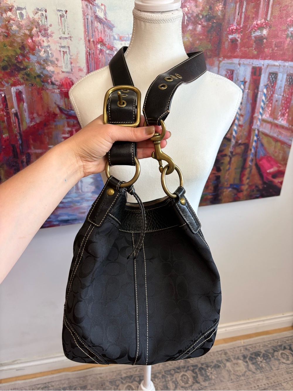 Coach Black Signature Crossbody Shoulder Bag with Brass Hardware
